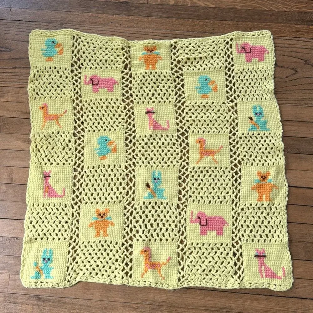 Vintage Handmade Yellow Crochet Knit Baby Blanket Animals Gender Neutral